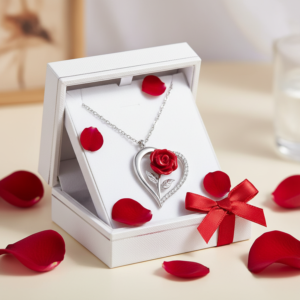 Silver Heart Red Rose Women's Necklace - Gift