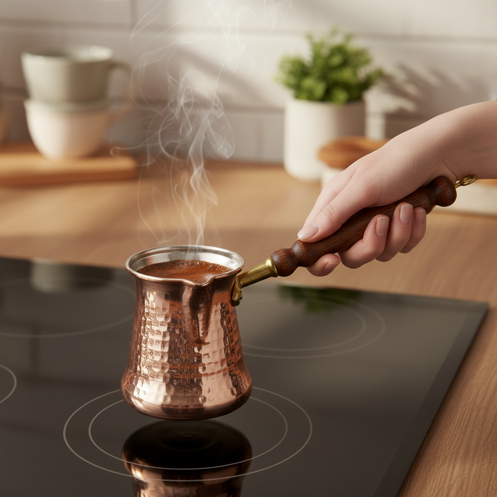 Person holding hammered copper Sultan cezve on stovetop