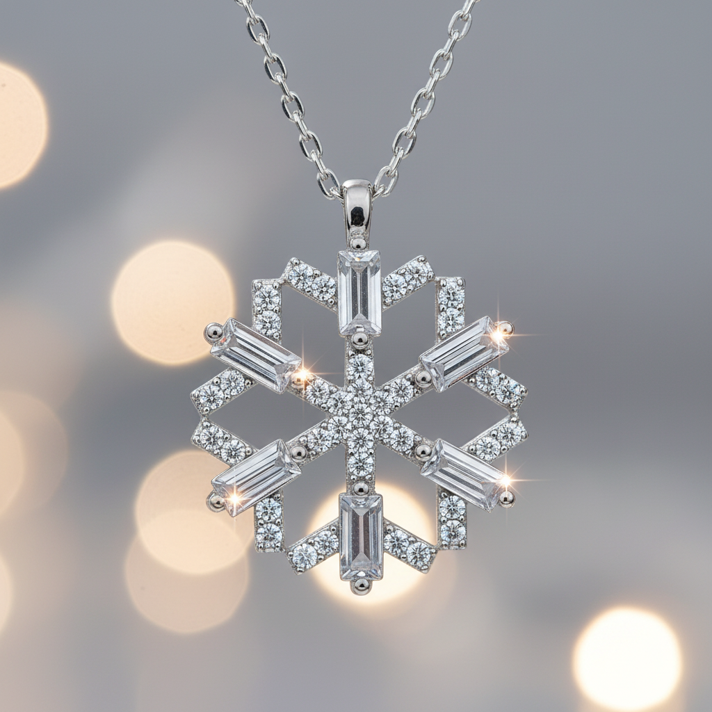 Silver Baguette Snowflake Necklace - Macro