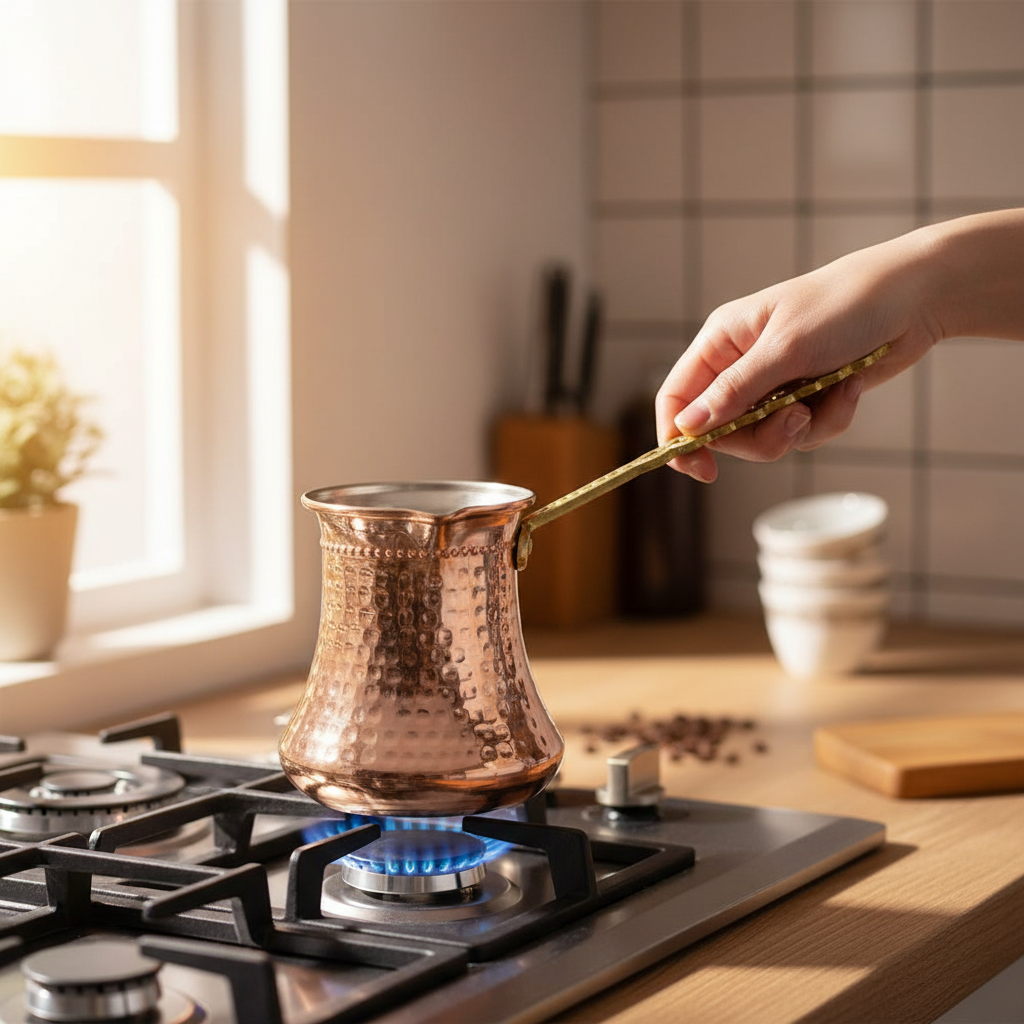 Person holding hammered copper Kervan large cezve on stovetop