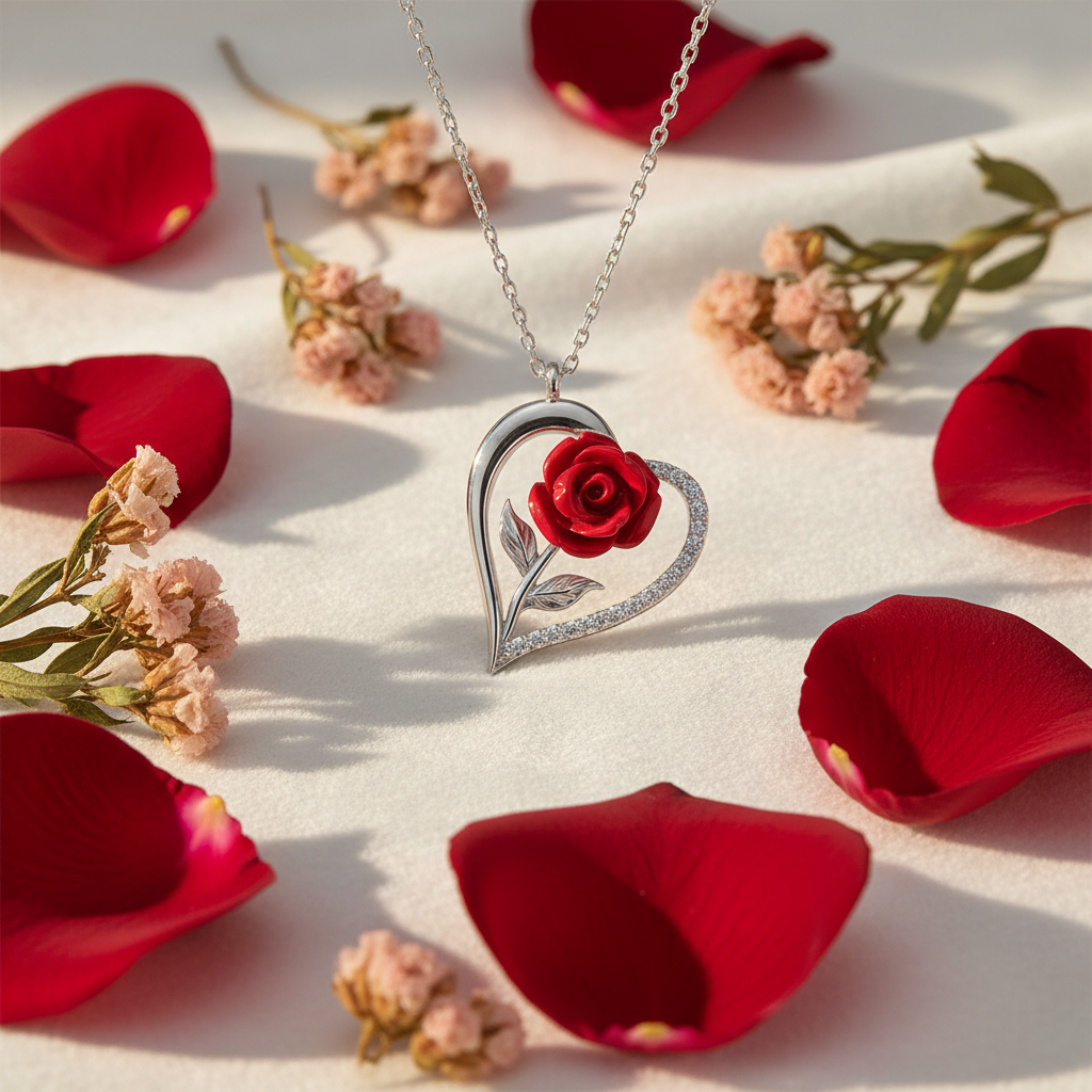 Silver Heart Red Rose Women's Necklace - Lifestyle