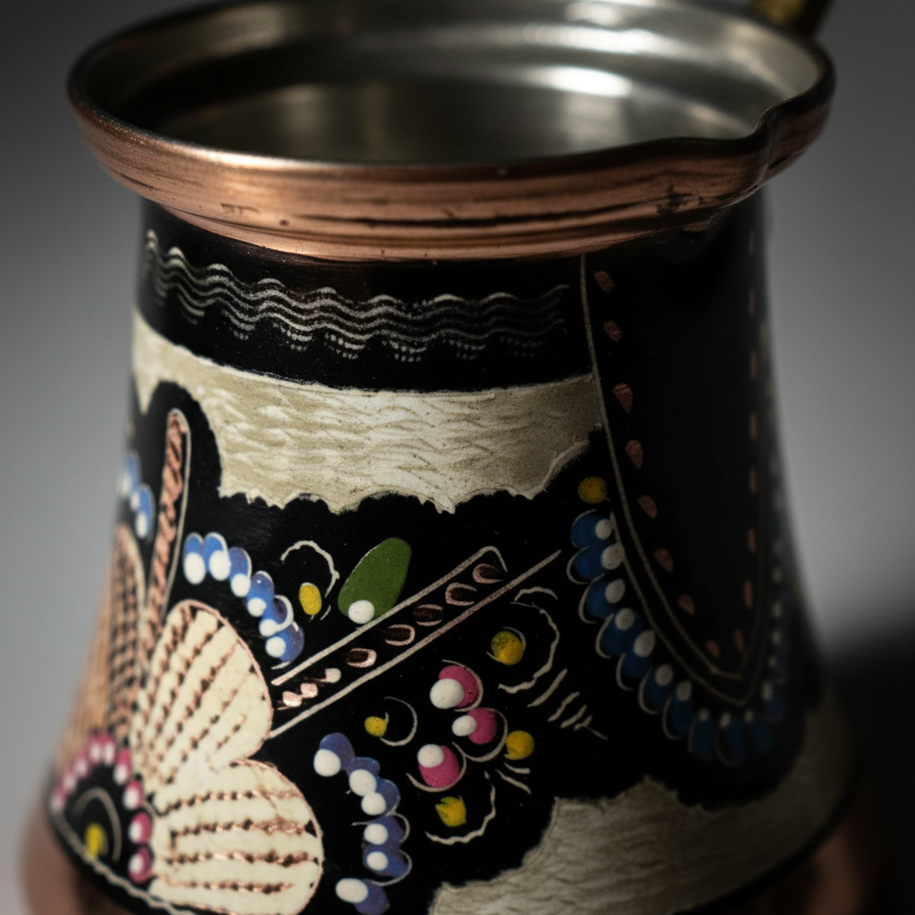 Erzincan floral copper cezve macro hand-painted detail