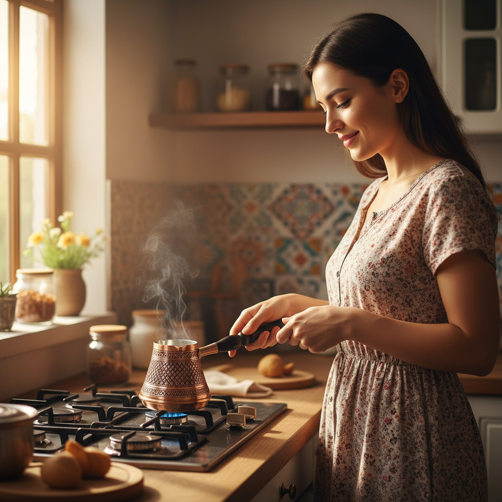 Woman holding Antep keski diamond copper cezve on stovetop