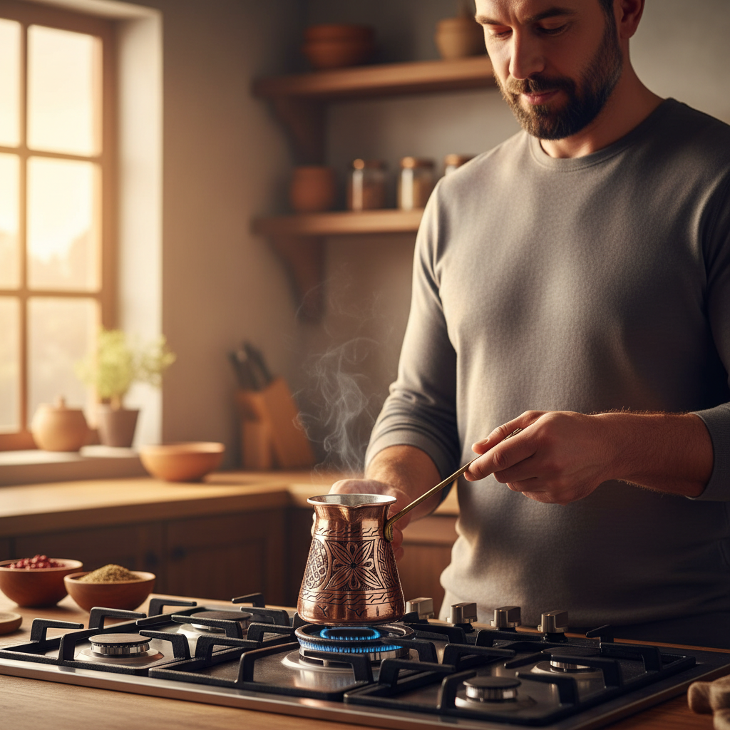 Man holding Antep keski engraved copper cezve 550ml on stovetop