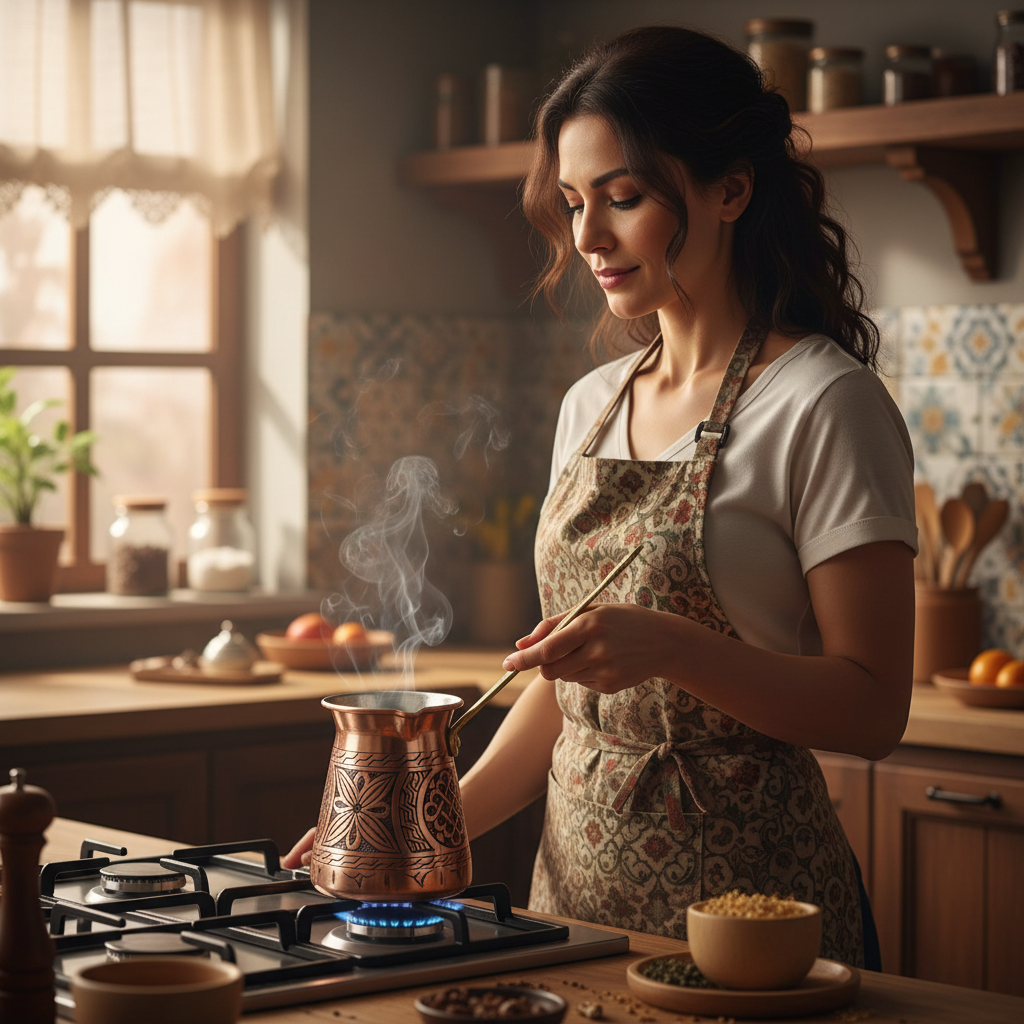 Woman holding Antep keski engraved copper cezve 250ml