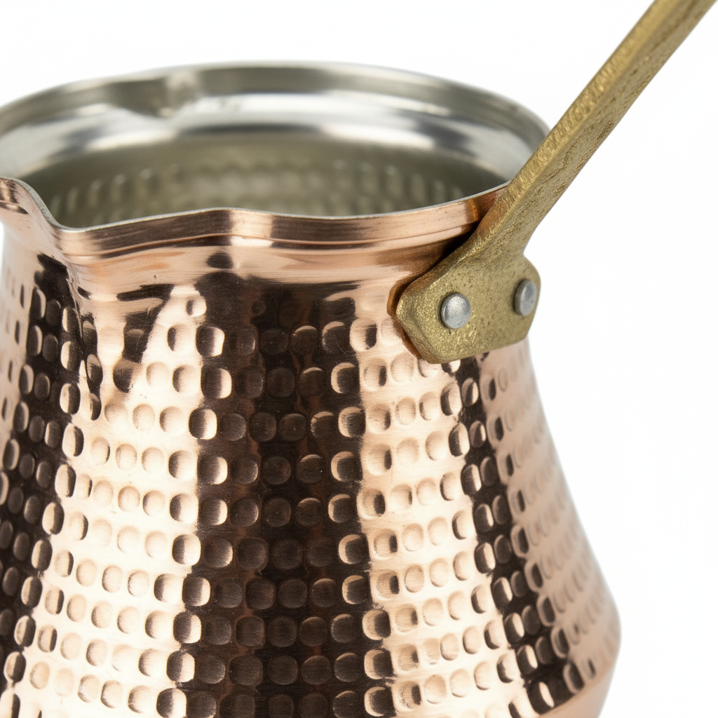 Hammered copper milk pot macro texture detail