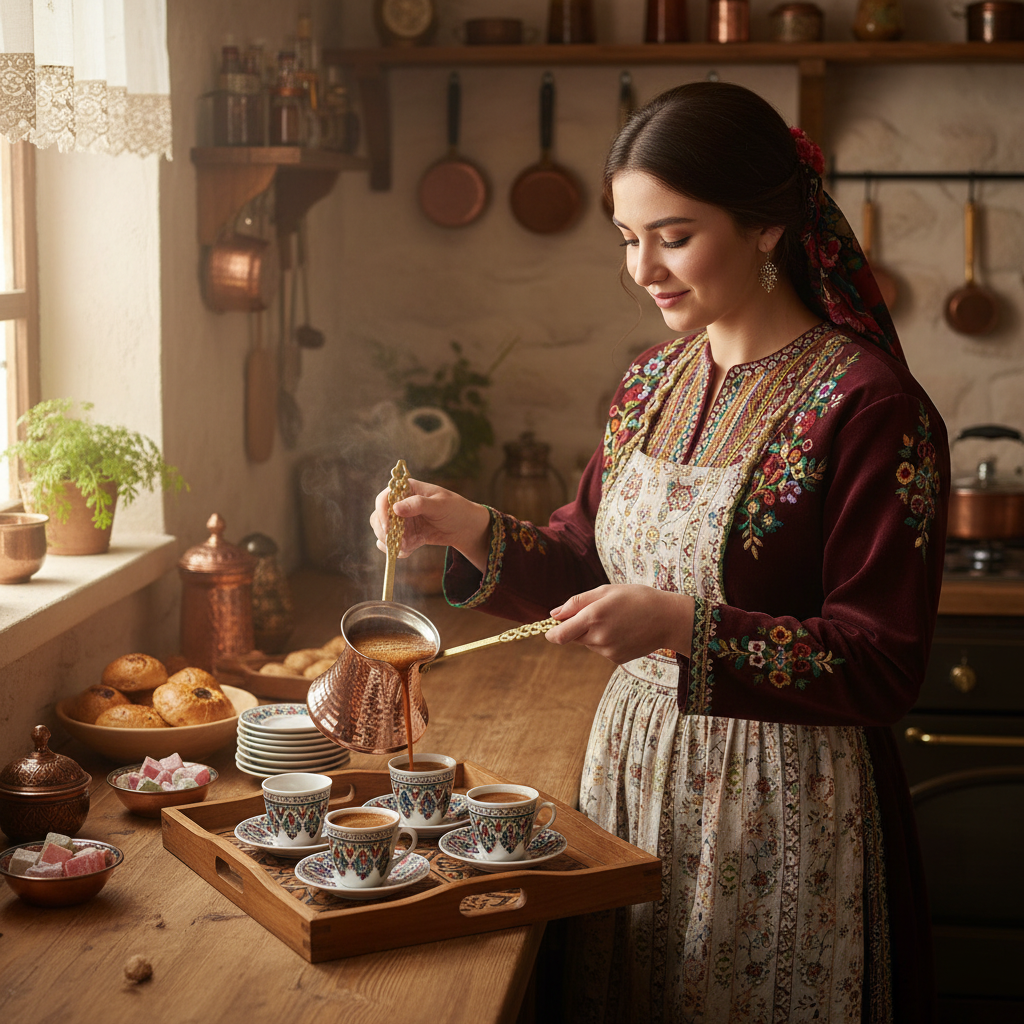 Woman using Kervan 390ml copper cezve