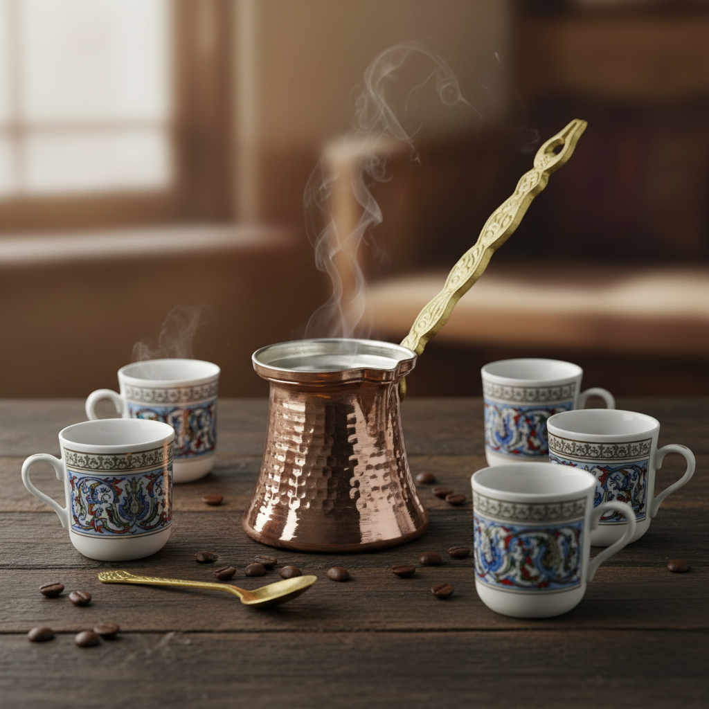 Hammered copper cezve 5-6 cup lifestyle with cups