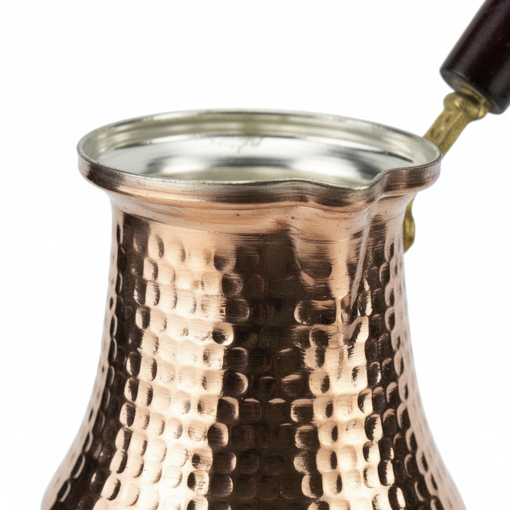 Hammered copper cezve macro texture detail