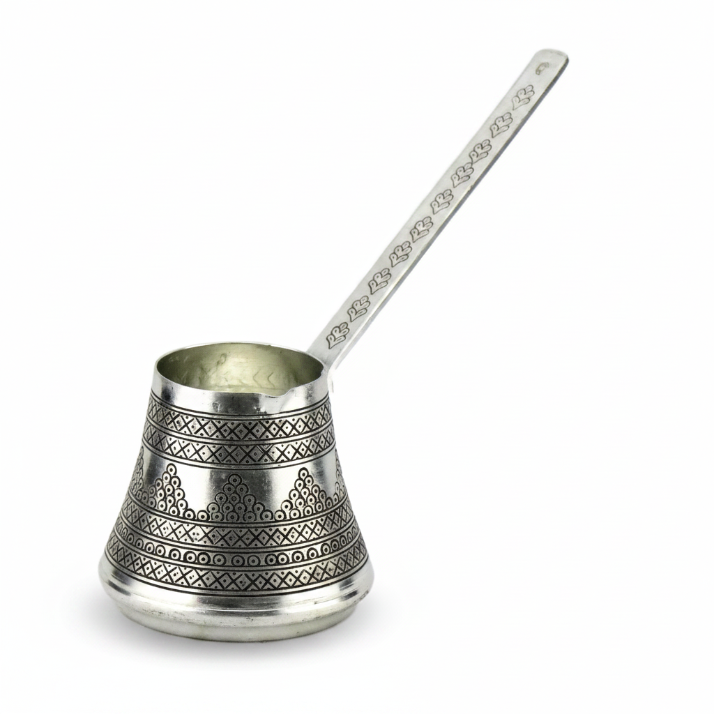 Antep zimba silver copper cezve 5-cup white background