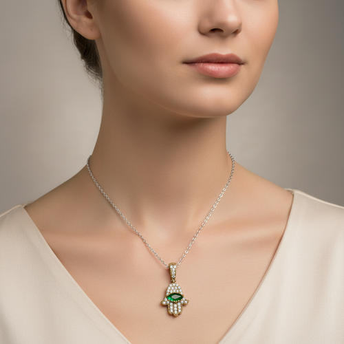 Silver Authentic Hamsa Hand of Fatima Women's Necklace - Model