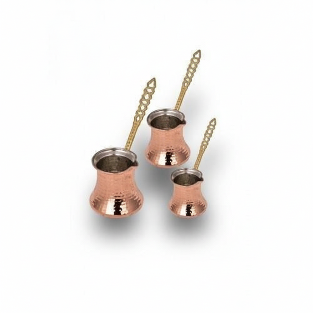 Hammered copper Kervan small cezve set white background