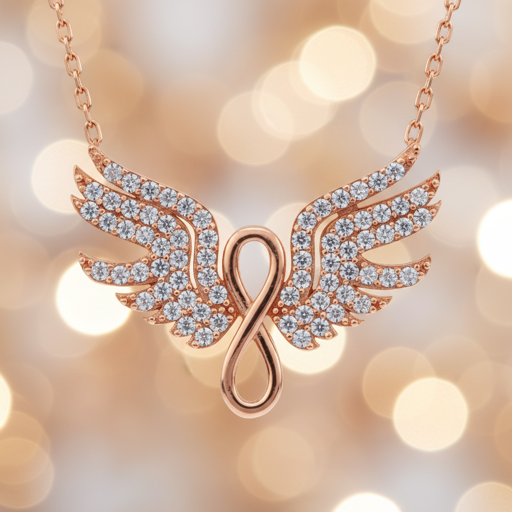 Rose Gold Angel Wings Infinity Necklace - Macro