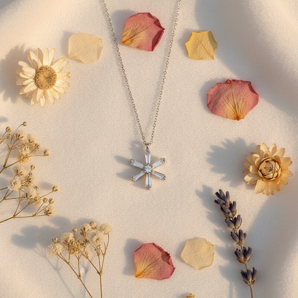 Silver Baguette Stone Flower Women's Necklace - Lifestyle