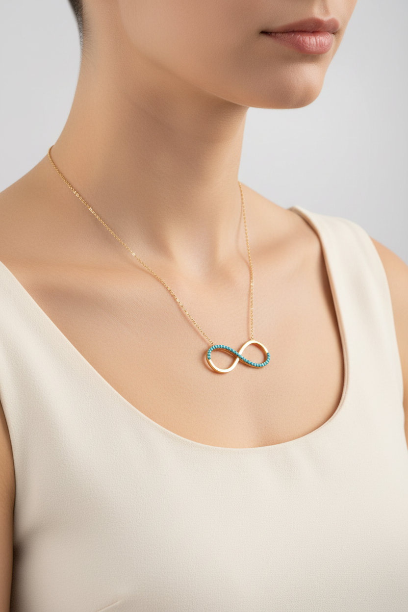 Gold Turquoise Infinity Necklace - Model