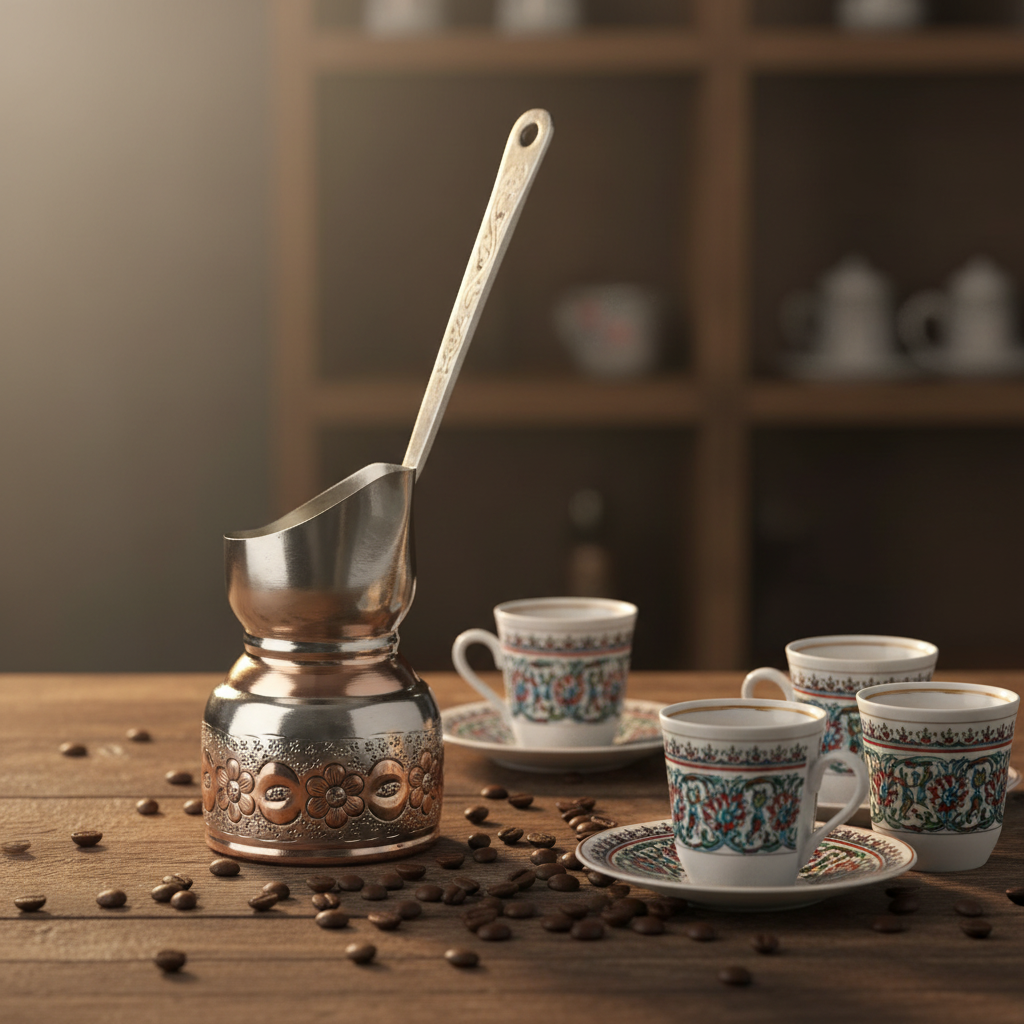 Miray two-tone copper cezve lifestyle with cups