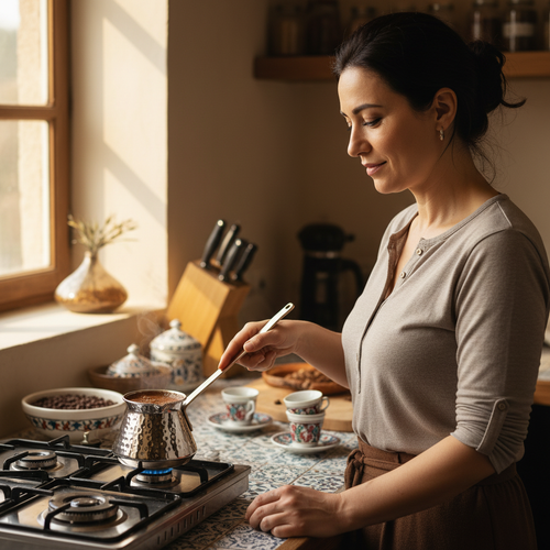 Woman holding Antep nickel topak copper handle cezve 5-cup