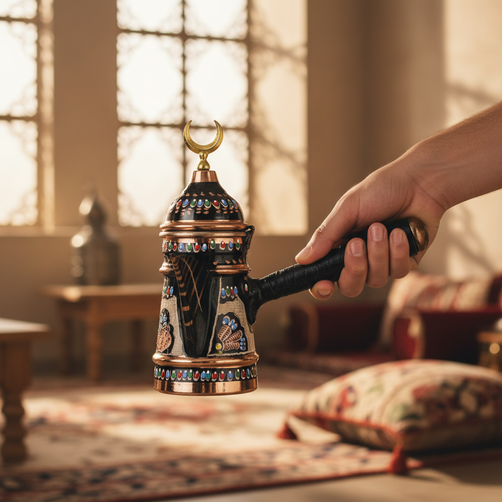 Person holding mirra copper dallah cezve 300ml