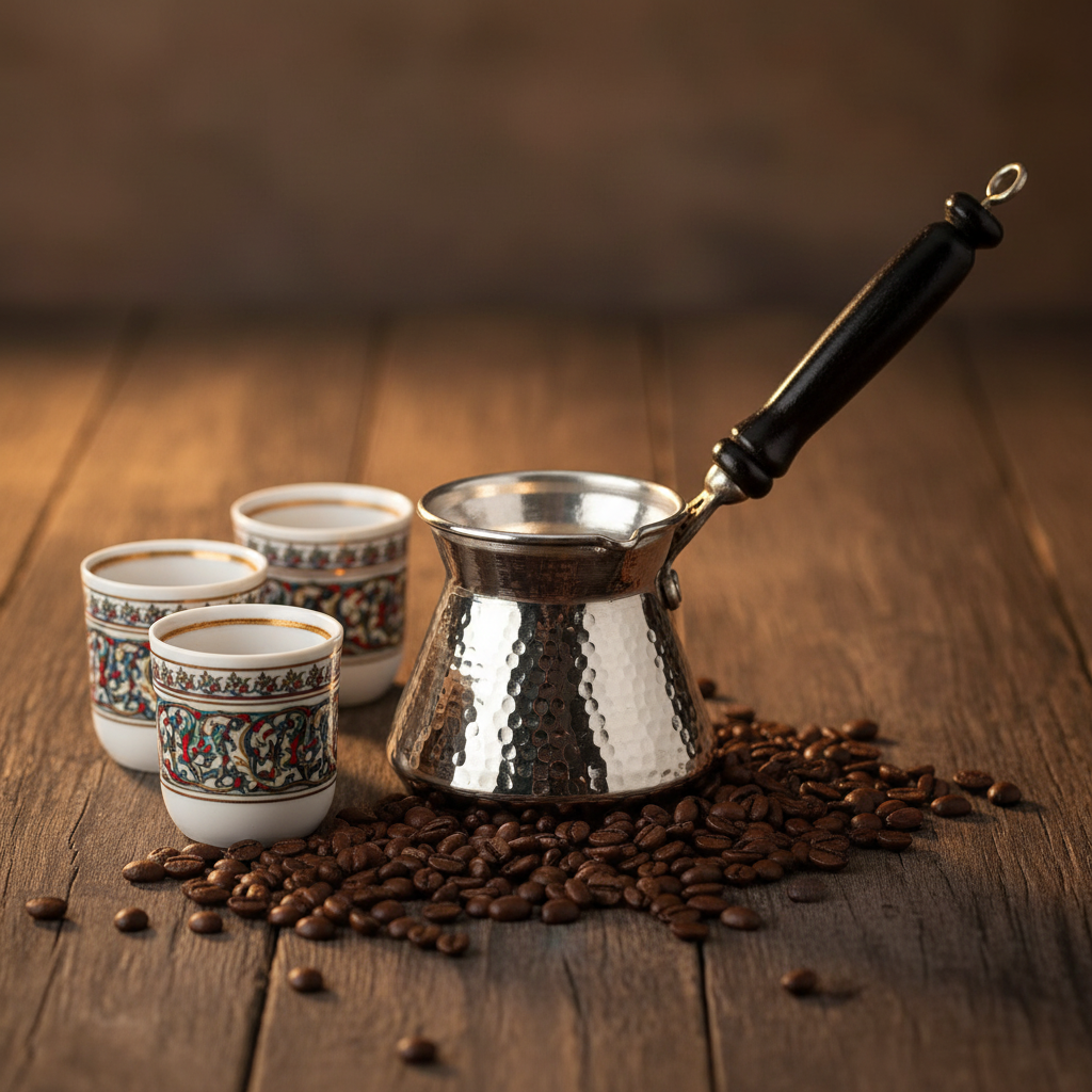 Antep nickel topak 300ml cezve lifestyle with 4 cups