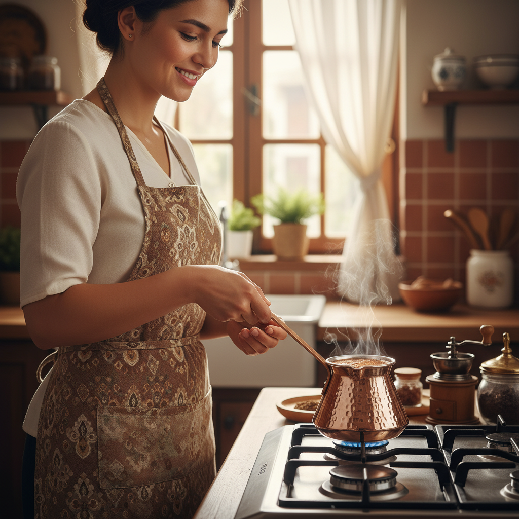 Woman holding Antep copper topak cezve 3-cup