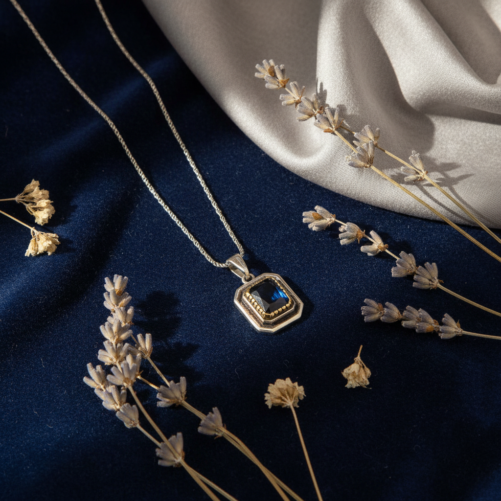 Silver Navy Blue Stone Rectangle Women's Necklace - Lifestyle