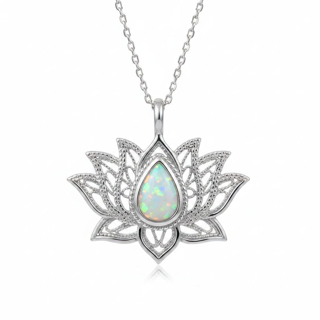 Silver White Opal Stone Lotus Women's Necklace - Macro