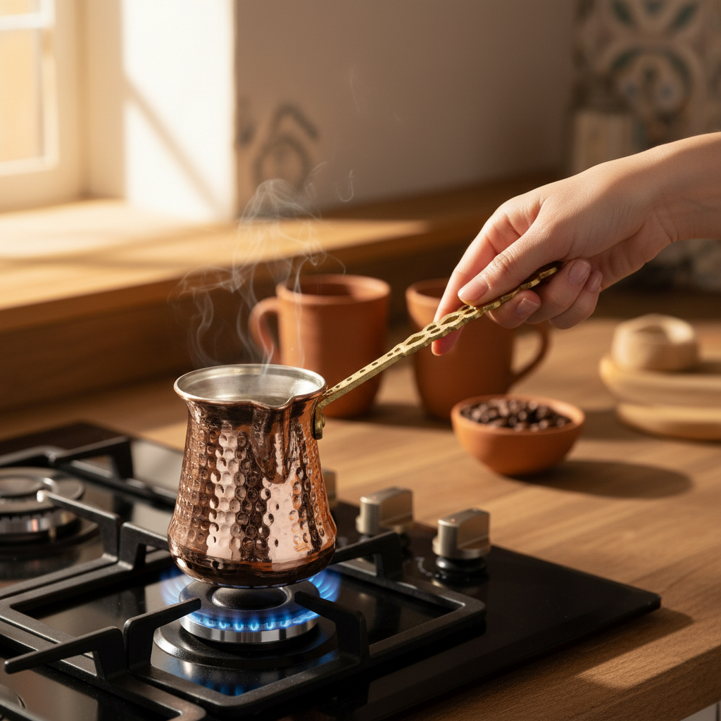Person holding hammered copper Sultan Turna cezve on stovetop