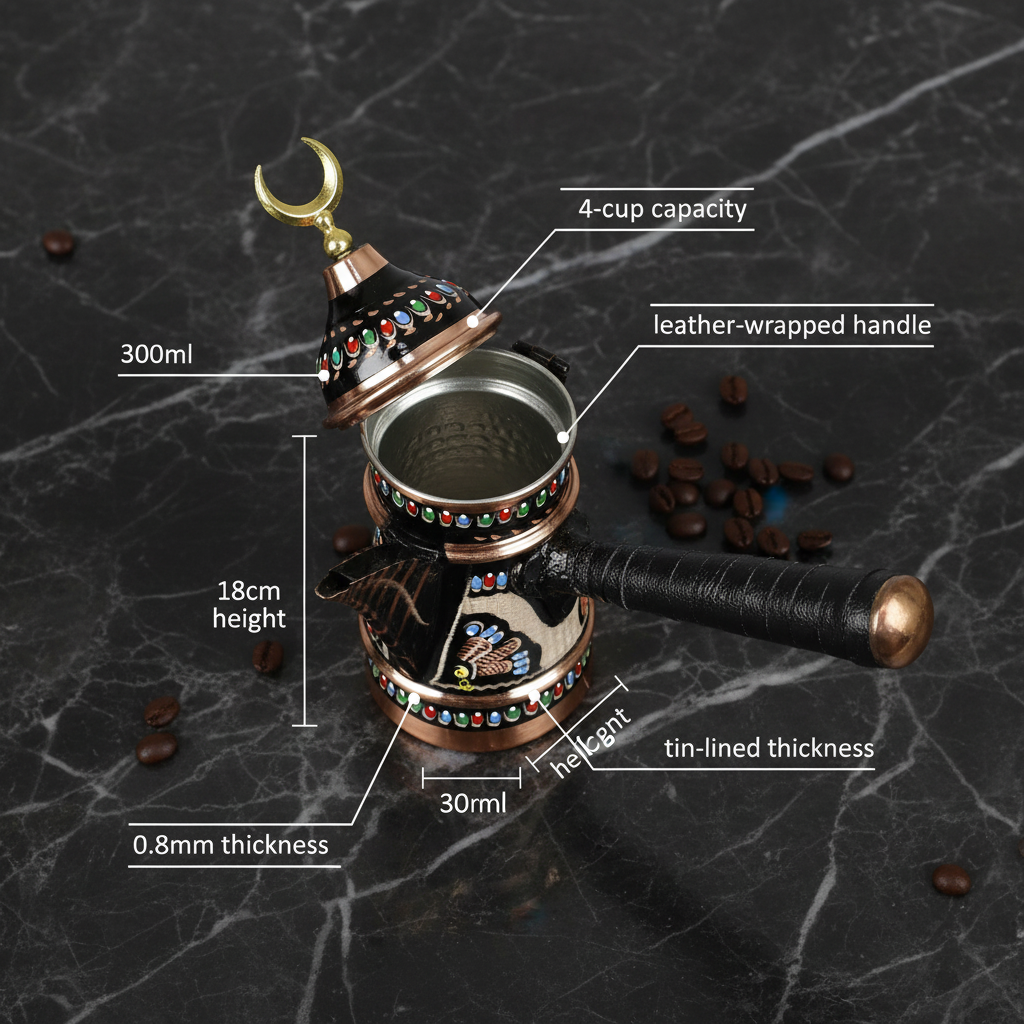 Mirra copper dallah cezve 300ml flat lay dimensions