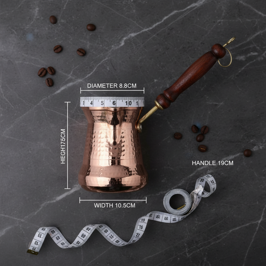 Sultan Thin 350ml copper cezve dimensions flat lay