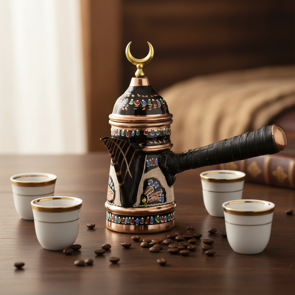 Mirra copper dallah cezve 300ml lifestyle with cups