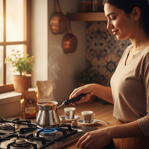 Woman holding Antep nickel topak 225ml cezve