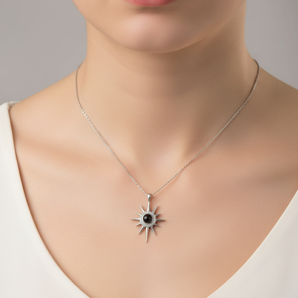 Silver I Love You in 100 Languages North Star Women's Necklace - Model