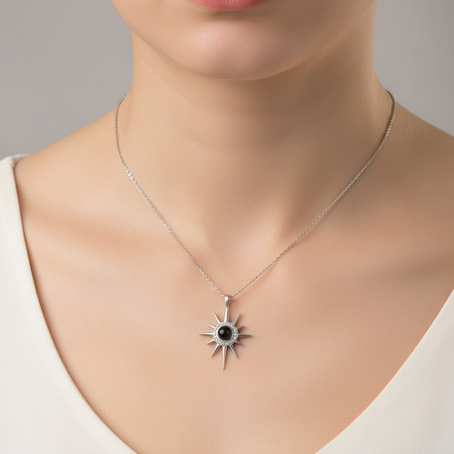 Silver I Love You in 100 Languages North Star Women's Necklace - Model