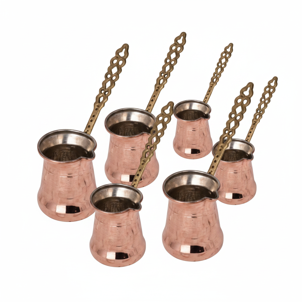 Hammered copper Sultan brass handle cezve set white background