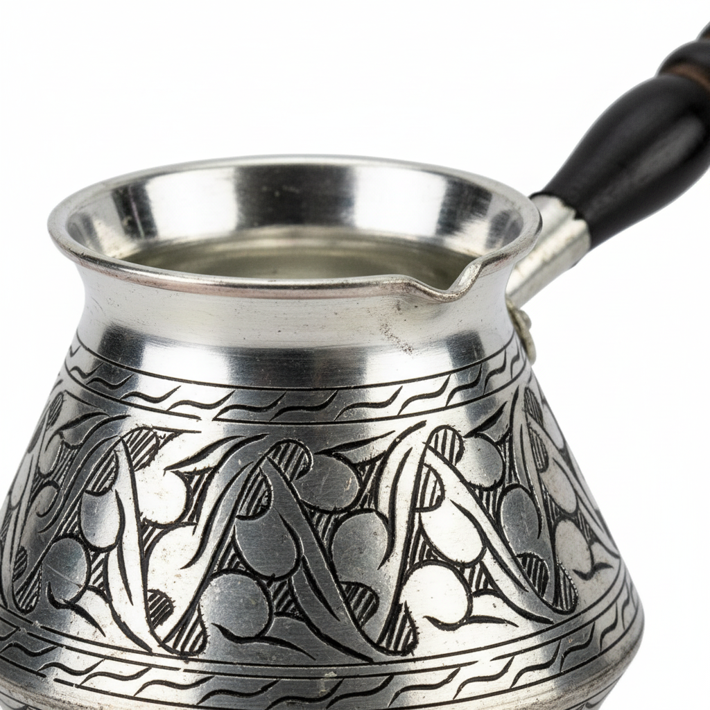Antep eskitme topak cezve 4-cup macro engraving detail