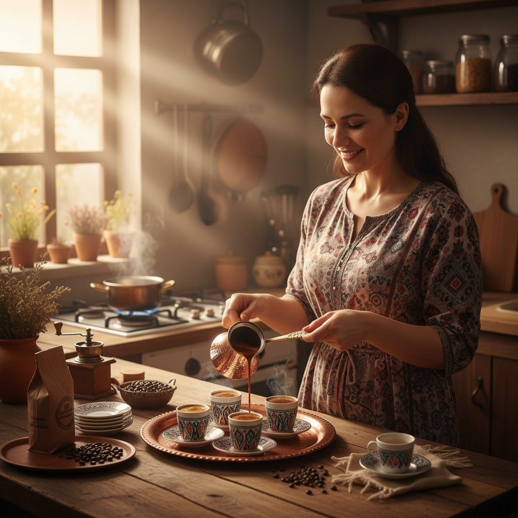 Woman using Kervan 320ml copper cezve