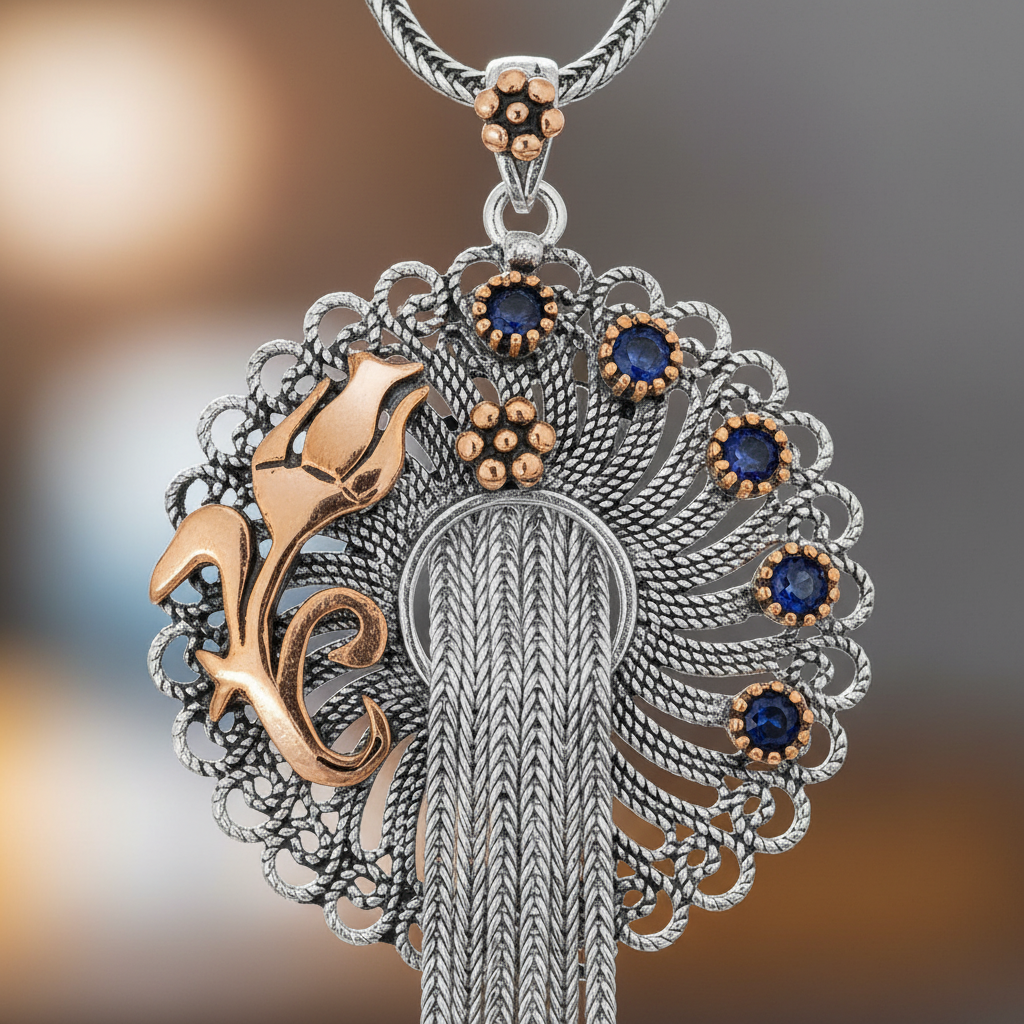 Silver Filigree Blue Stone Necklace - Macro