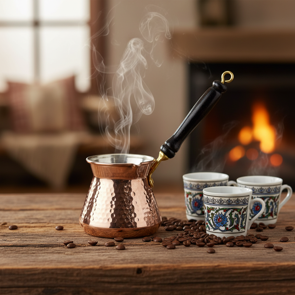 Antep topak 225ml copper cezve lifestyle with 3 cups