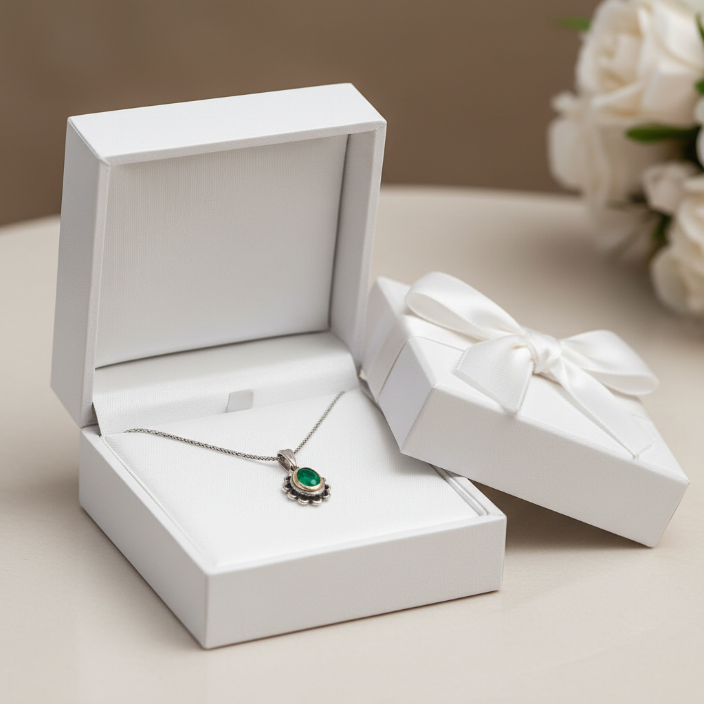 Silver Green Stone Flower Authentic Women's Necklace - Gift