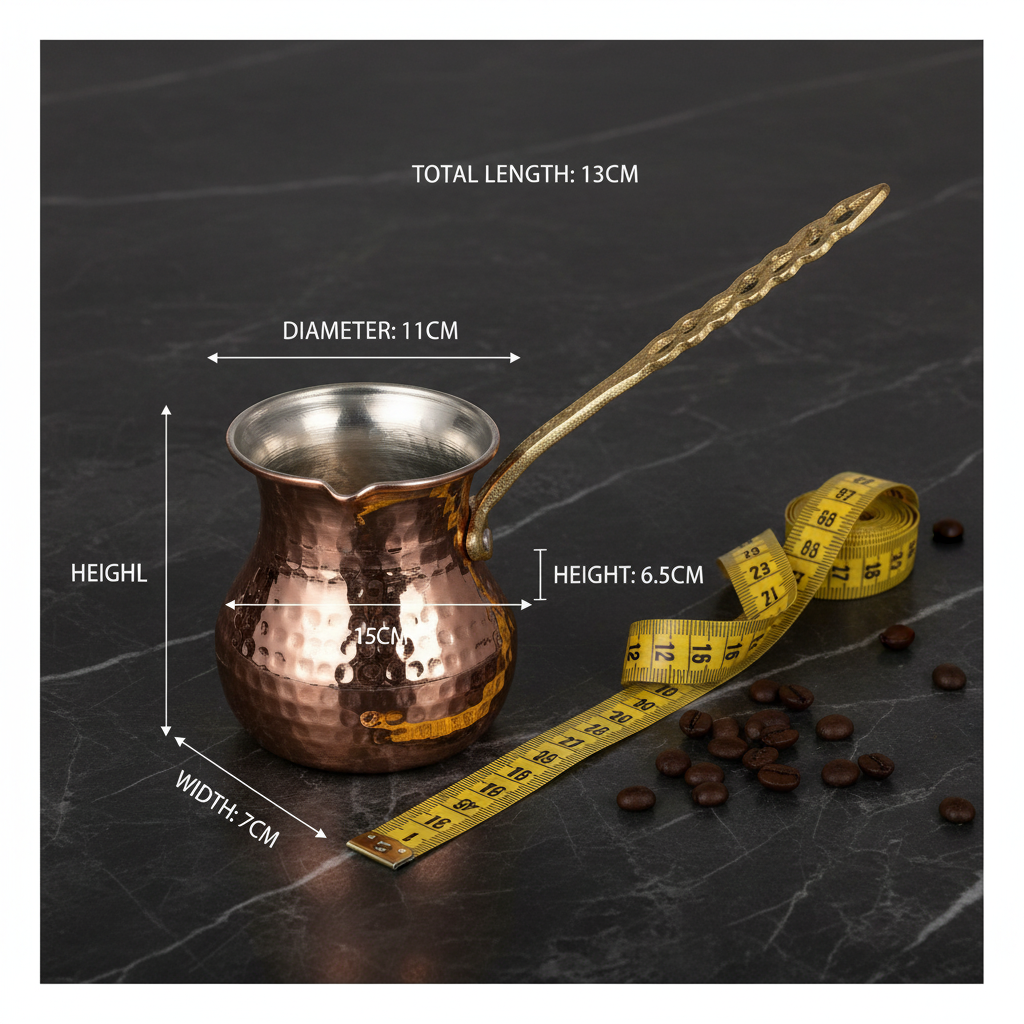 Eylül 150ml copper cezve dimensions flat lay 7cm x 11cm x 6.5cm handle 13cm
