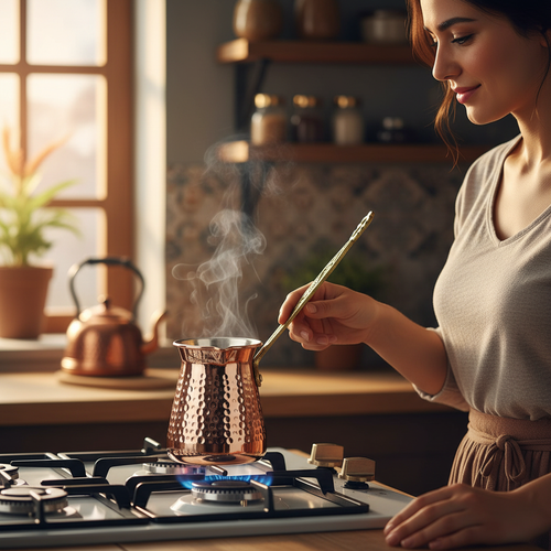 Woman holding Antep hammered copper cezve 4-cup on stovetop