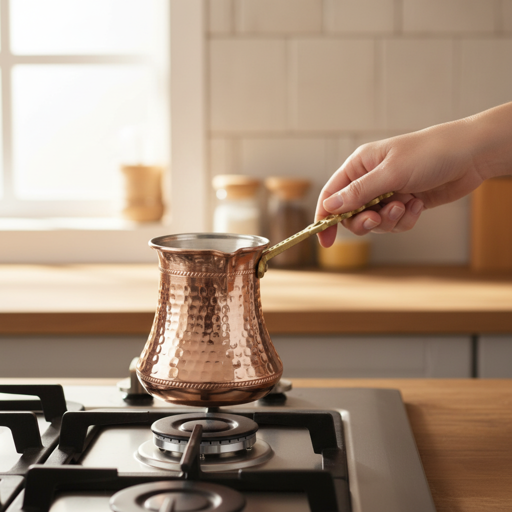 Person holding hammered copper Kervan cezve on stovetop