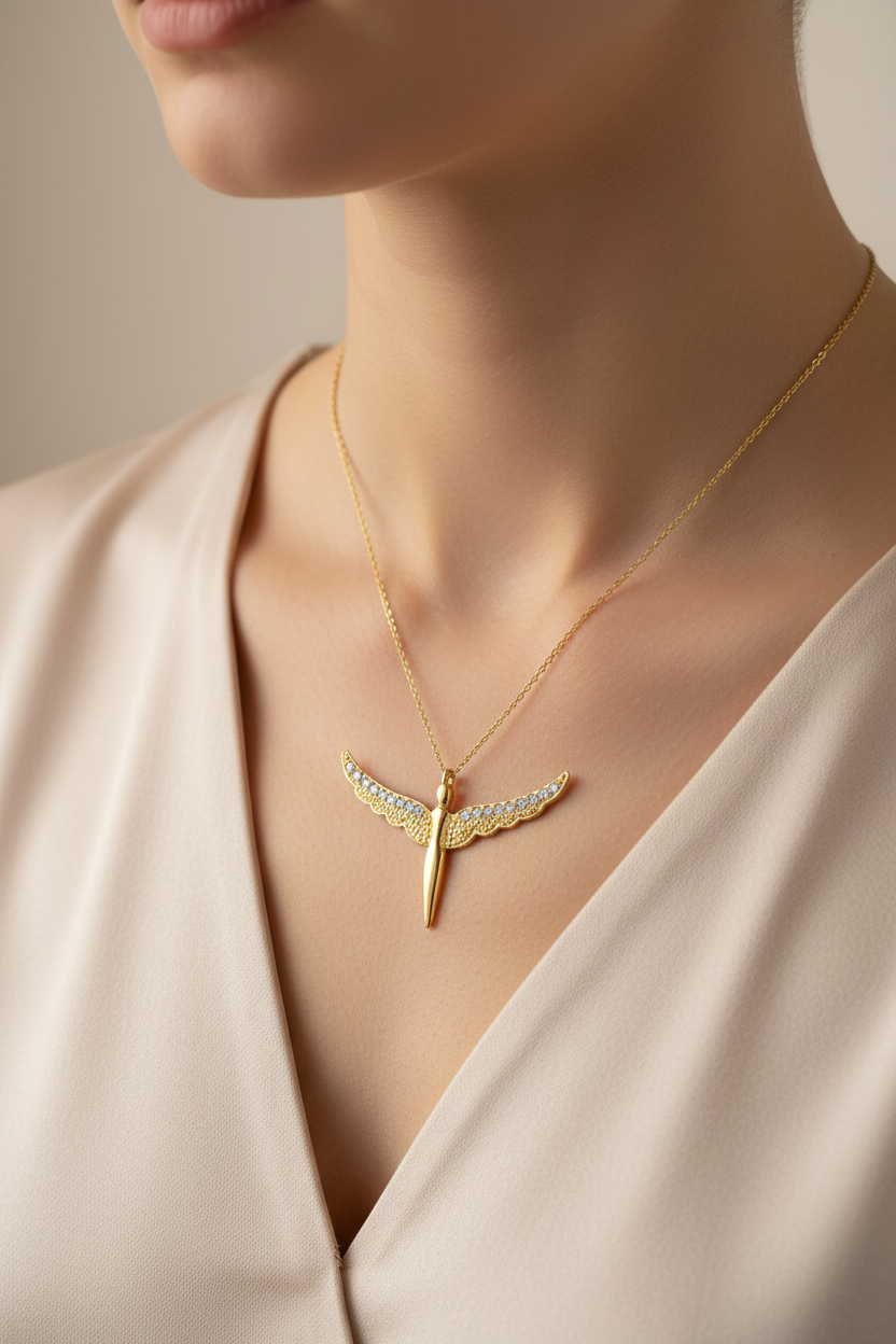 Silver Gold Winged Angel Necklace - Model