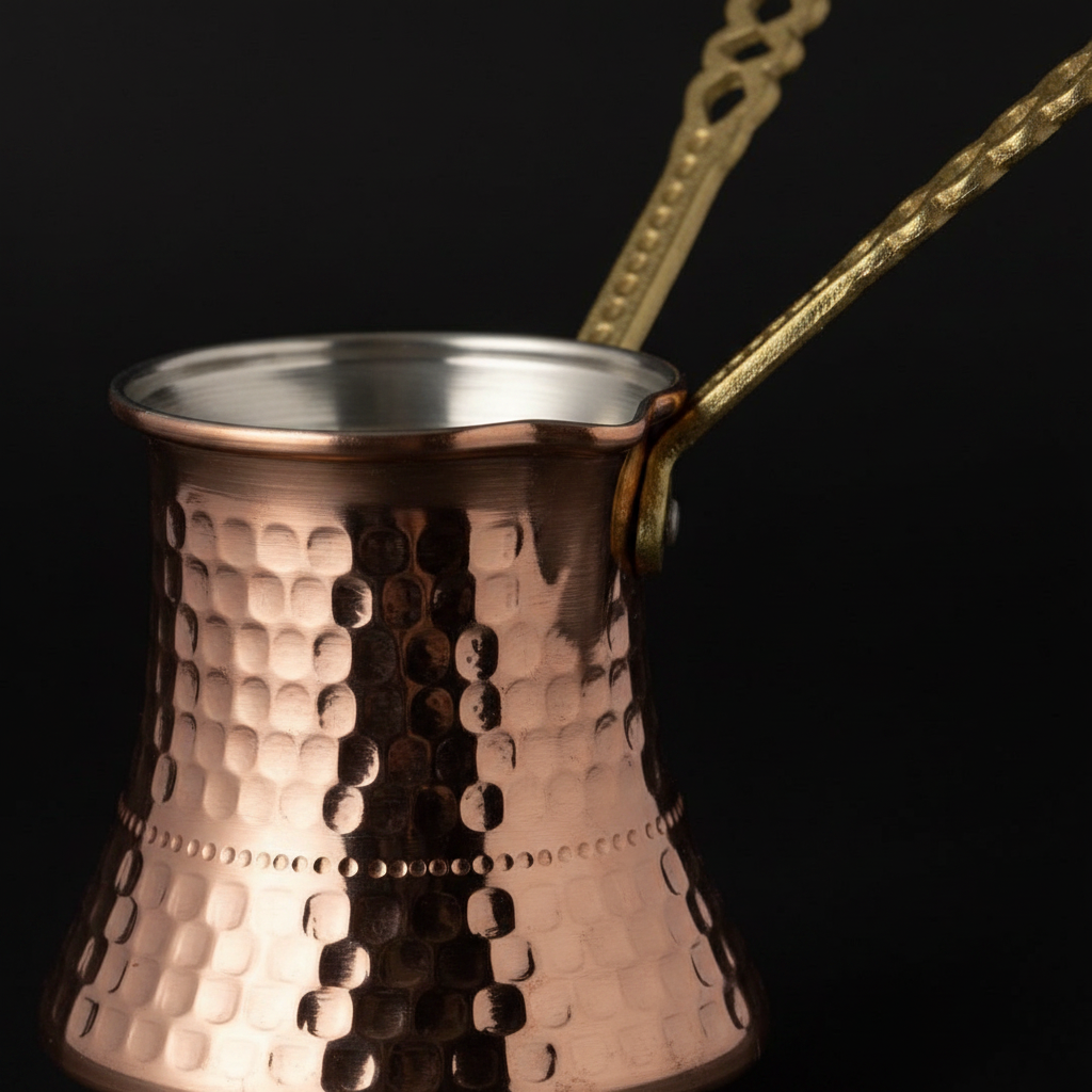 Hammered copper Kervan cezve macro texture detail