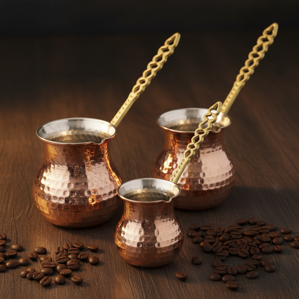 Hammered copper round cezve set 3-piece lifestyle main photo