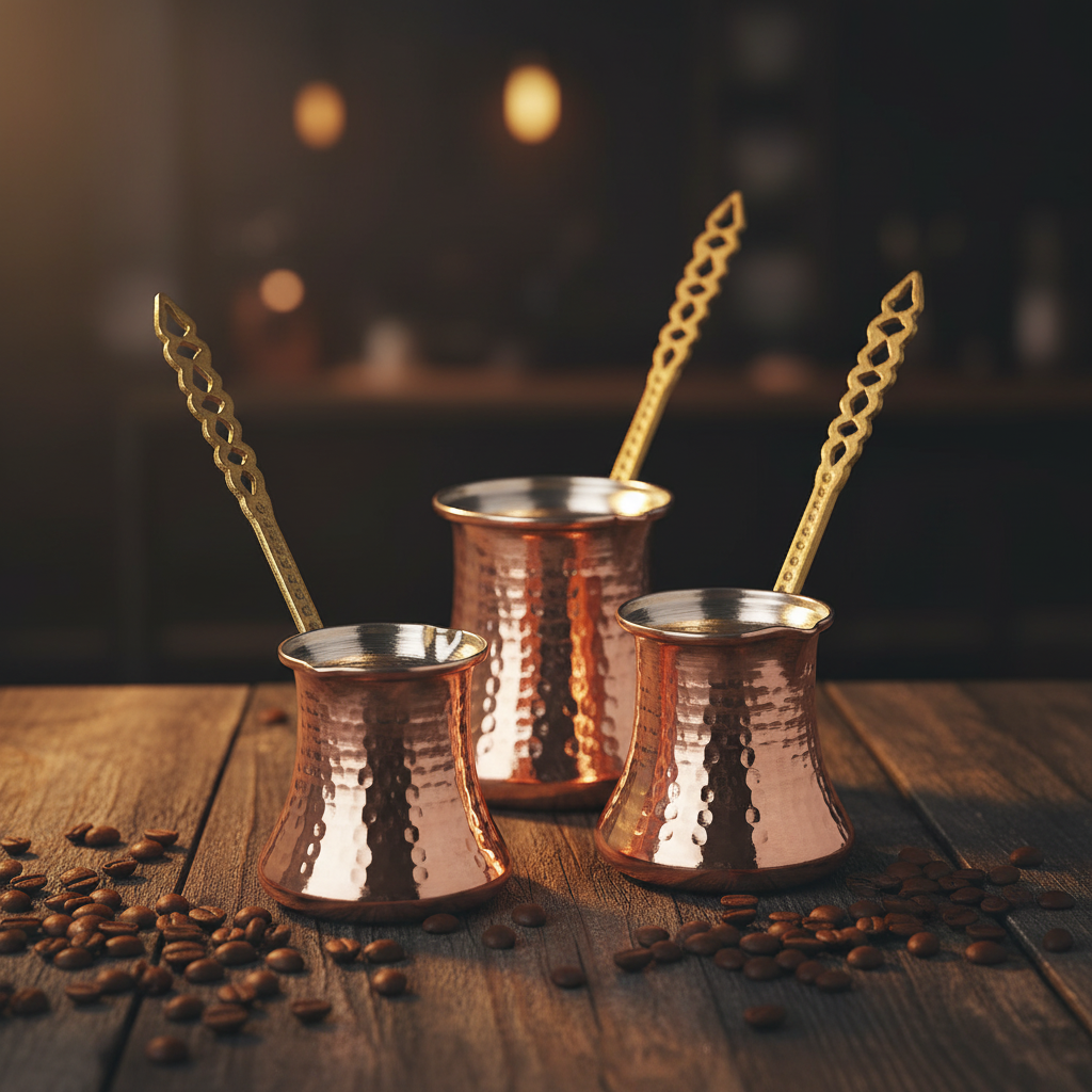 Hammered copper Kervan small cezve set 3-piece lifestyle main photo