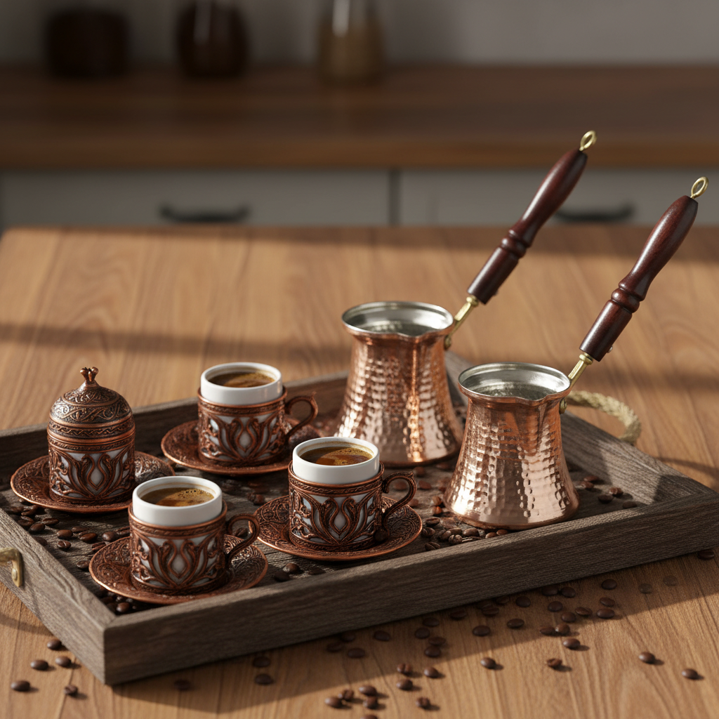 Hammered copper cezve set lifestyle with cups