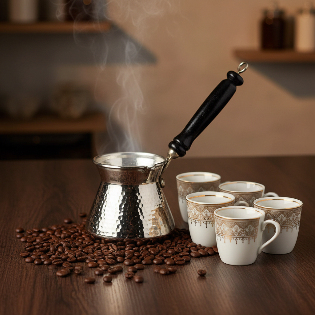 Antep nickel topak 500ml cezve lifestyle with 6 cups