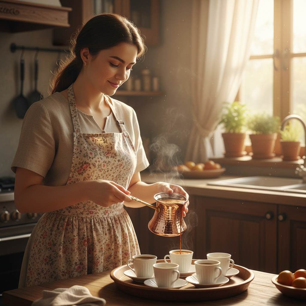Woman using Kervan Thick 320ml copper cezve