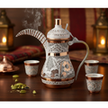Gulcicek white copper mirra dallah 900ml lifestyle with finjan cups